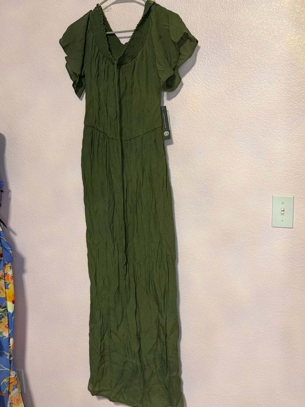 AS U WISH Jumpsuit Size L Olive Green Off Shoulder Ruffle Sleeves